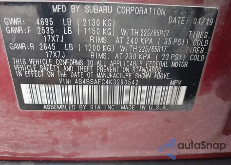 2019 Subaru Outback 2.5I Premium from USA, damaged, VIN 4S4BSAFC4K3290542